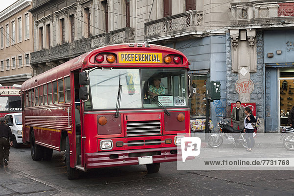 Red Bus In The Street  Guatemala City Guatemala