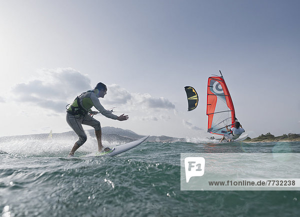 Kitesurfer and windsurfer along the coast  tarifa cadiz andalusia spain