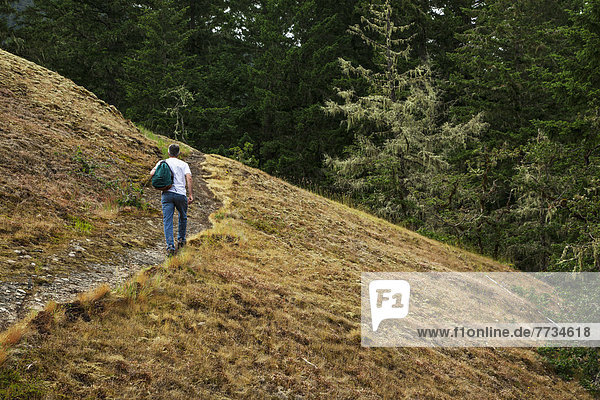 A Man Hikes On Mount Tzouhalem On Vancouver Island  British Columbia Canada