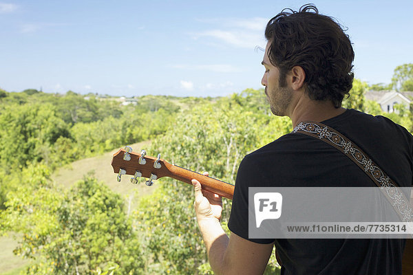 Mann Landschaft Überfluss Gitarre Ansicht Verbindung spielen