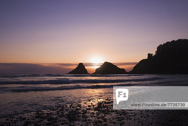 hinter  Felsbrocken  Sonnenuntergang  Küste  vorwärts  vor der Küste  Oregon