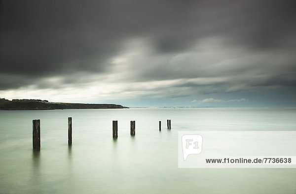 Wooden Posts In A Row In The Shallow Water Along The Coast Under Storm Clouds  St. Mary's Bay Northumberland England