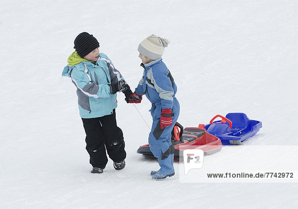 Österreich  Jungs ziehen Schlitten durch den Schnee