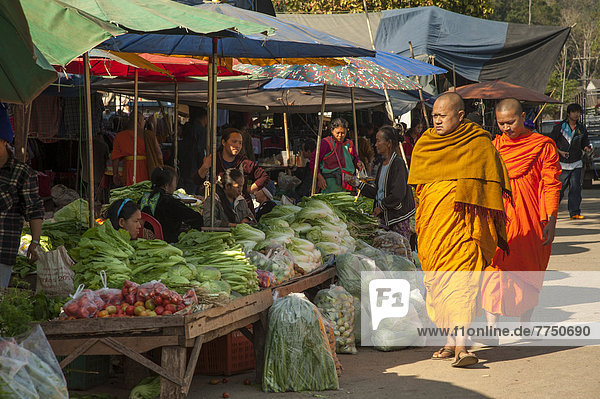 Buddhistische Mönche beim Einkaufen  Gemüsestand  morgendlicher Markt