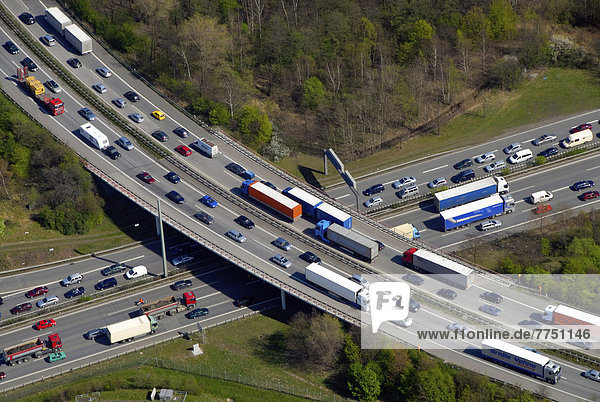 Aerial view  traffic jam on a motorway  Autobahn