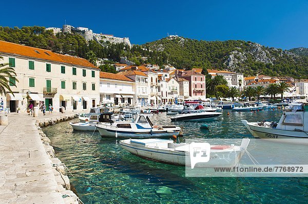 Hvar harbour and Fortica (Spanish Fortress)  Hvar Island  Dalmatian Coast  Adriatic  Croatia  Europe