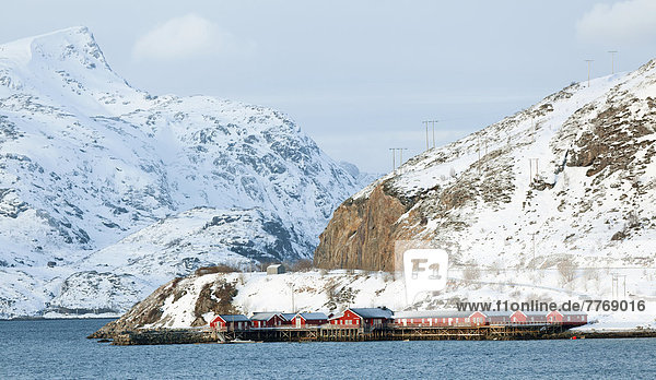 Fishing village with red cottages beside ae fjord in front of snow-covered mountains