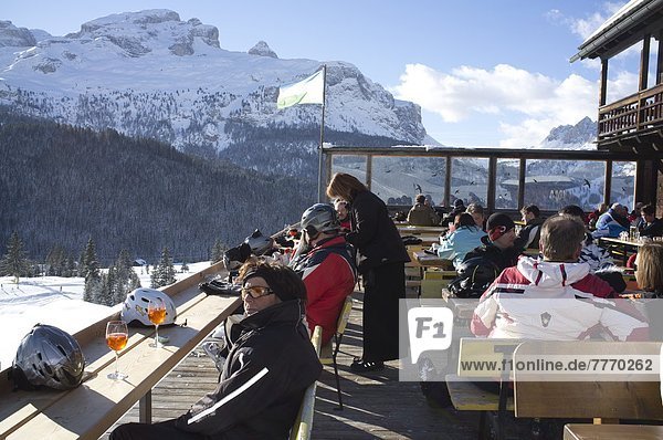 Colourful afternoon drinks at a mountain restaurant at the Alta Badia ski area  Corvara  The Dolomites  South Tyrol  Italy  Europe