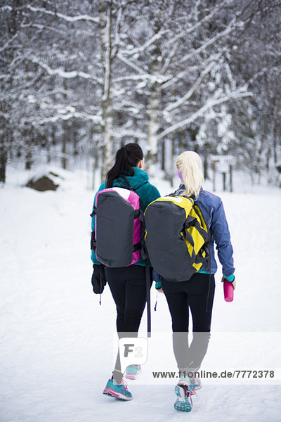 Rückansicht von mittleren erwachsenen Freundinnen mit Gymnastiktaschen im Schnee