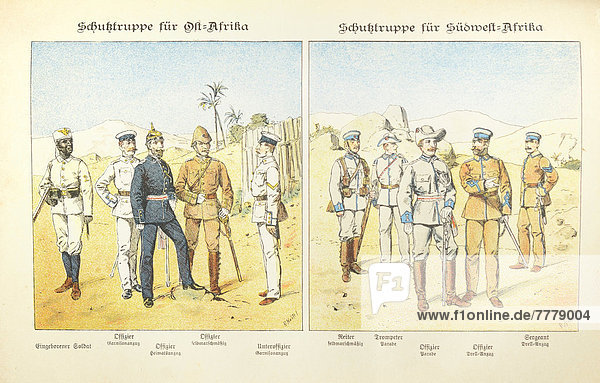 Bildtafel  Lithographie  Uniformen kaiserlich deutscher Kolonialsoldaten Ostafrika und Südwestafrika  Ende 19. Jh.  koloriert