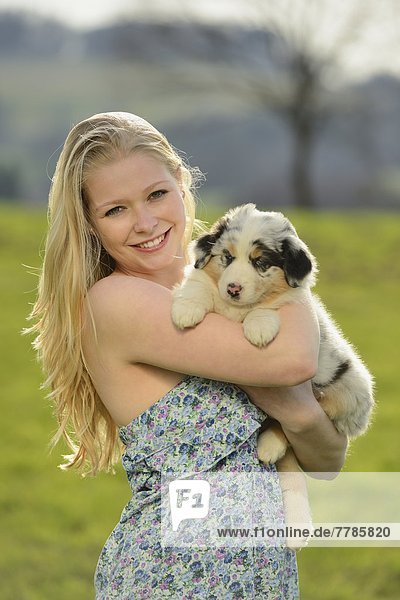 Young woman with australian sheperd puppy  Bavaria  Germany  Europe
