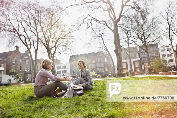 Two businesswomen sitting on grass in park