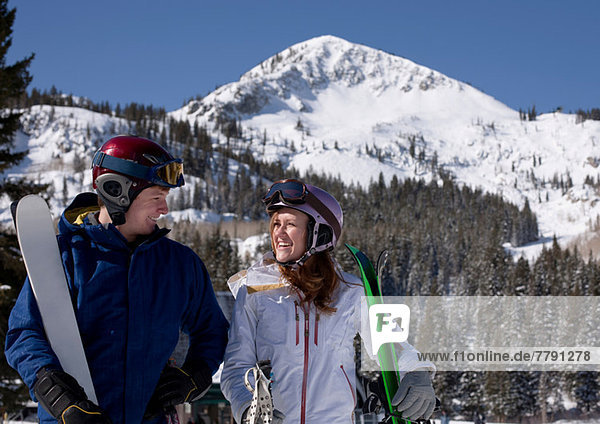 Young couple at Brighton ski resort  Utah  USA
