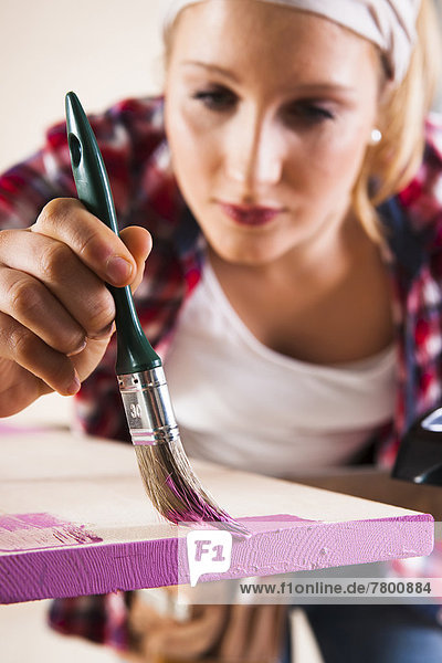 junge Frau junge Frauen streichen streicht streichend anstreichen anstreichend Bauholz schießen Studioaufnahme