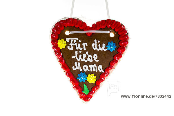 'Gingerbread heart with writing ''Fuer die liebe Mama''  German for ''to dear mum'''