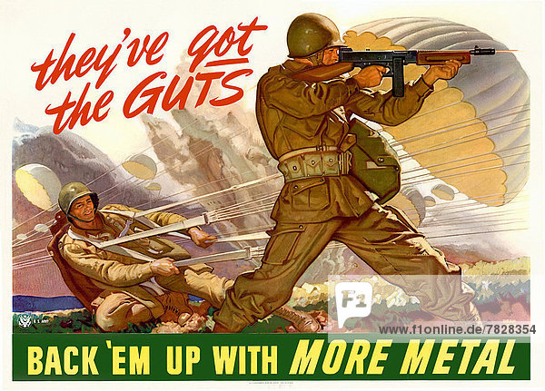 World War II  Second World War  world war  war  poster  Propagana  propaganda poster  USA  American  machine gun  soldier  paratrooper  metal  scrap metal  collection  fight  battle  recycling  1943