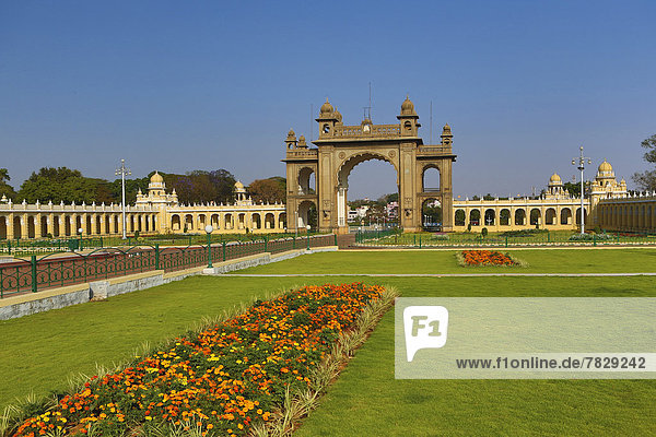 India  South India  Asia  Karnataka  Mysore  Palace  East Gate  East  clean  colourful  famous  flowers  garden  gate  main  palace
