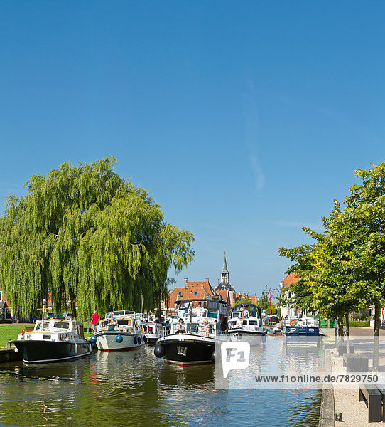 Netherlands  Holland  Europe  Makkum  Shipping  historic  centre  city  village  water  trees  summer  people  ships  boat