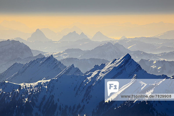Panorama  Europa  Schneedecke  Berg  Winter  Berggipfel  Gipfel  Spitze  Spitzen  Sonnenuntergang  Himmel  Dunst  Schnee  Nebel  Alpen  blau  Ansicht  Westalpen  Abenddämmerung  Bergmassiv  schweizerisch  Schweiz  Dämmerung