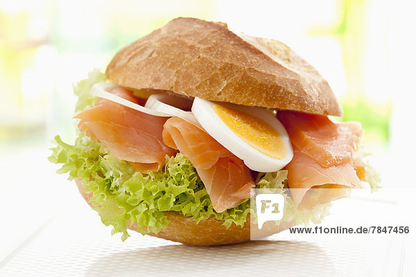Bread roll with smoked salmon  egg and onions  close up