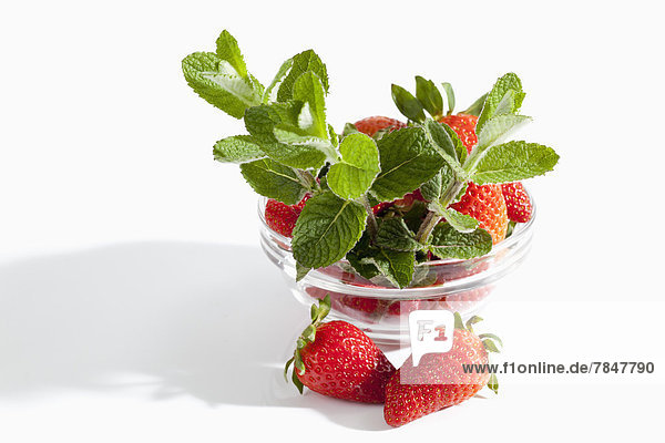 Bowl of strawberries with mint on white background  close up