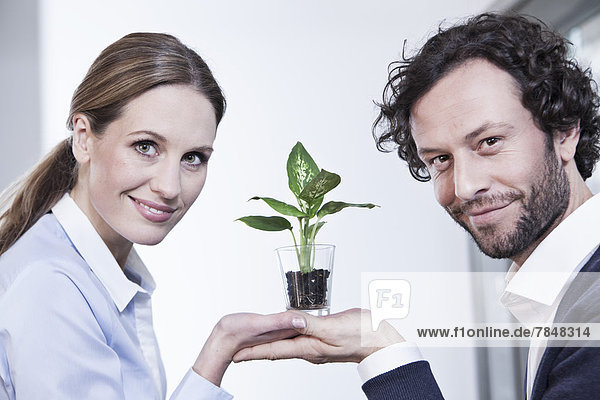 Deutschland  Nordrhein-Westfalen  Köln  Portrait eines Geschäftspartners mit Topfpflanze  lächelnd