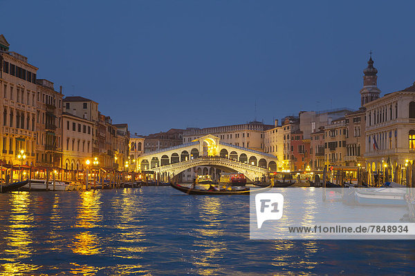 Italy  Venice  View of Grand Canal and Rialto bridge at dusk