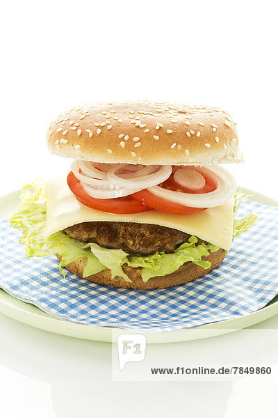 Hamburger in Platte auf weißem Grund  Nahaufnahme