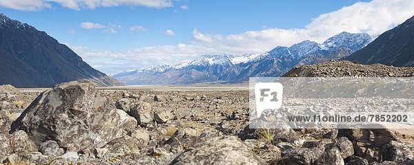 Landschaftlich schön landschaftlich reizvoll Berg Felsen Pazifischer Ozean Pazifik Stiller Ozean Großer Ozean neuseeländische Südinsel bedecken UNESCO-Welterbe Neuseeland Schnee