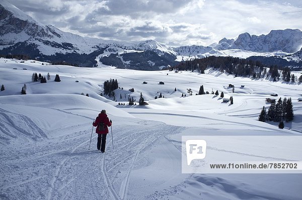 nahe  Trentino Südtirol  Europa  Frau  gehen  folgen  Schnee  Stadt  wandern  Urlaub  Ski  Dolomiten  Italien