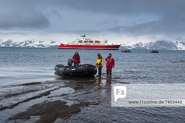 Tourists on a Zodiac landing on Deception Island  South Shetland Islands  Antarctica  Polar Regions