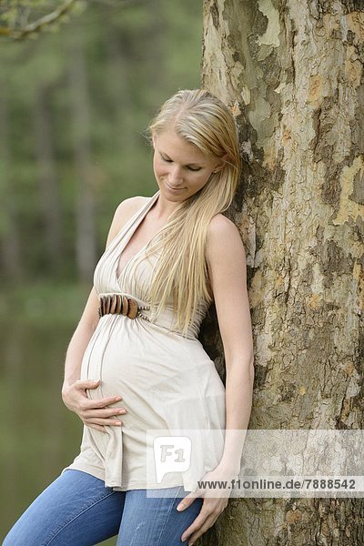 Young pregnant woman leaning on a tree trunk