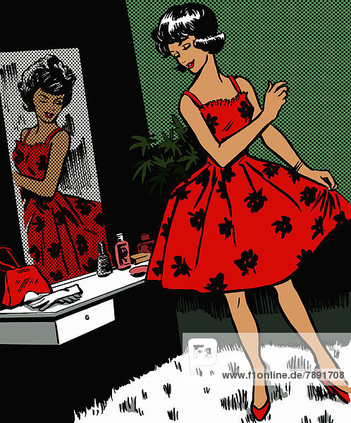 Frau schaut ihr Kleid im Spiegel an