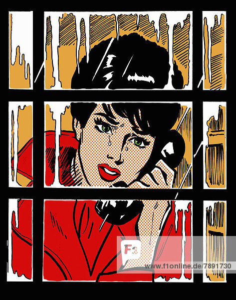 Weinende Frau in einer Telefonzelle