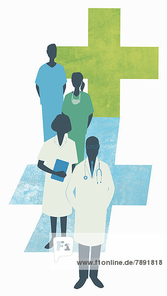 Ärzte und Krankenpfleger vor blauem und grünem Kreuz