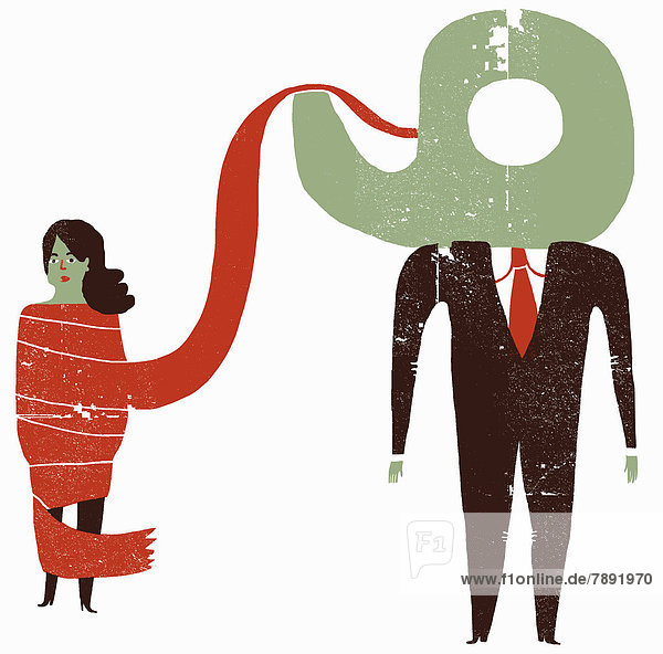 Frau in rotes Klebeband gewickelt und Geschäftsmann mit Klebebandabroller