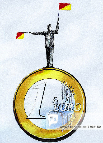 Geschäftsmann mit Signalflaggen auf einer Euromünze