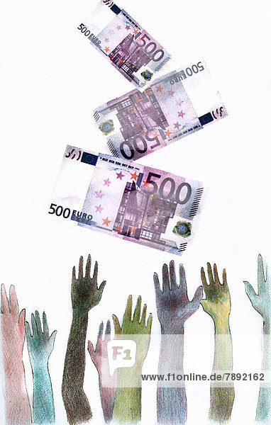 Hände greifen nach fallenden Euroscheinen