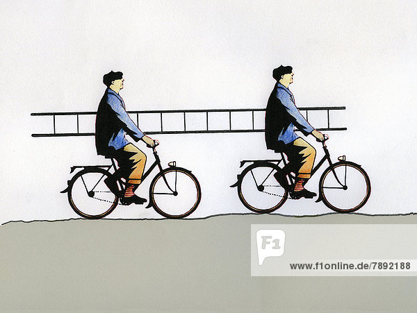 Similar men riding bikes and carrying ladder