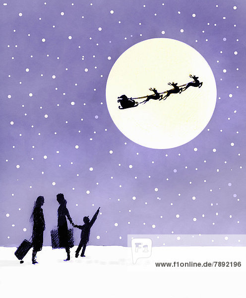Child with mother looking up at silhouette of Santa Claus and reindeer in full moon