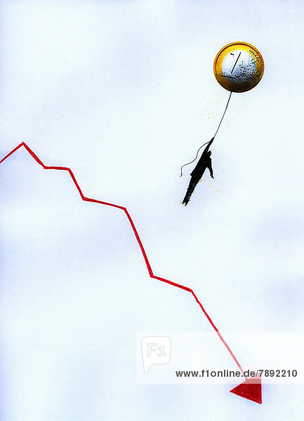 Geschäftsmann hängt an einem Euro-Luftballon über absteigendem Liniendiagramm