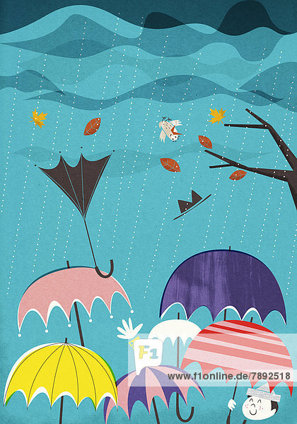 Bunte Regenschirme in Wind und Regen