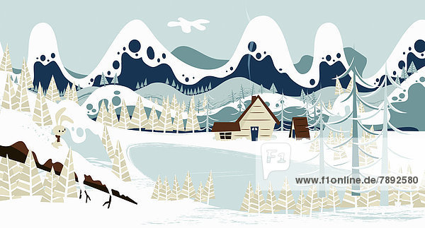 Hütte am See unter Bergen im Schnee