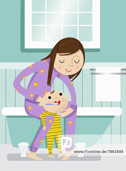 Mutter hilft Baby beim Zähneputzen im Badezimmer