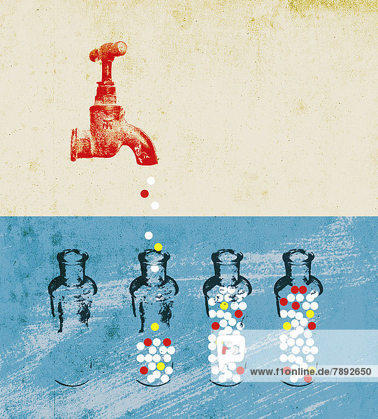 Pillen tropfen aus Wasserhahn in Glasflaschen
