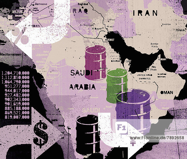 Ölfässer auf einer Karte des Nahen Ostens
