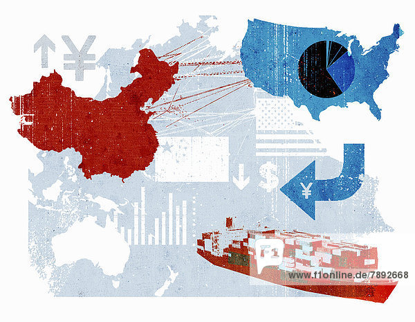Handelsverbindungen zwischen China und USA auf einer Karte