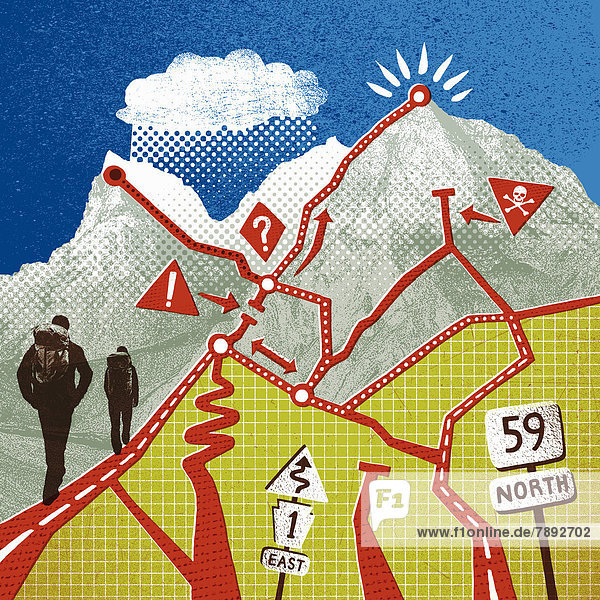 Wanderer erklimmen einen Berg mit verschiedenen Wegen und Warnsymbolen