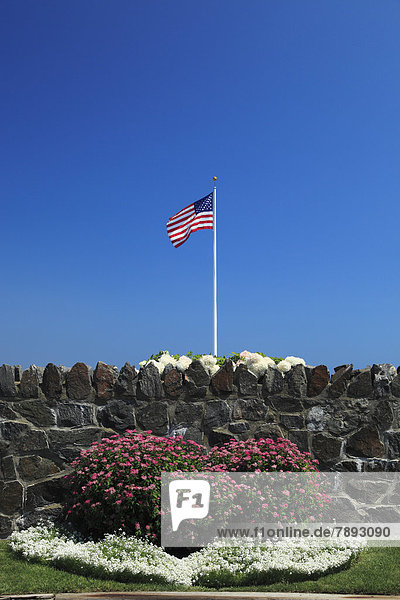 Vereinigte Staaten von Amerika USA Amerikanische Flagge Flaggen Sternenbanner Stars and Stripes Steinmauer Blume Neuengland Massachusetts