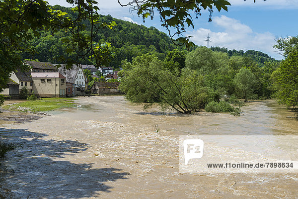 Flood of the river Neckar  02 Jun 2013 at noon  flooded weir and meadows  river with a strong current